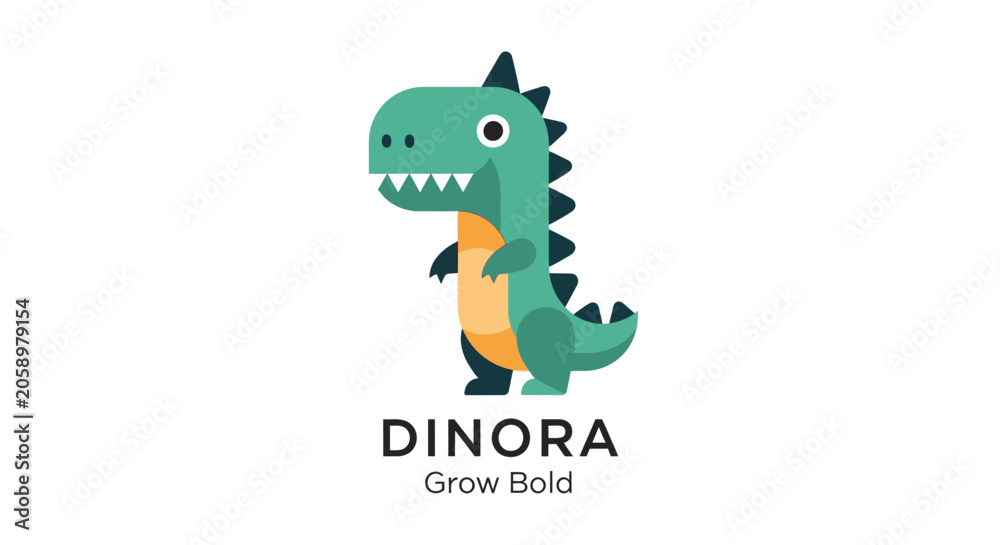 Fototapeta premium Cute cartoon dinosaur character named Dinora, symbolizing growth and boldness, perfect for children's brands and educational content.