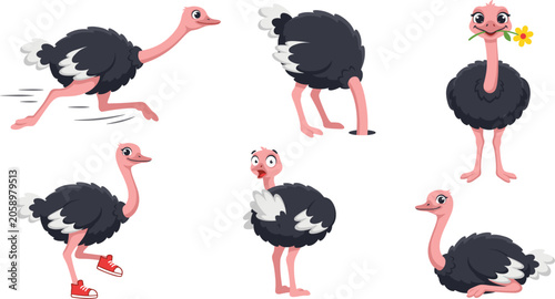 Foto Cute ostrich cartoon character set vector illustration featuring large flightles