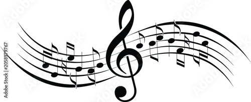 Foto Musical notes wave vector illustration with treble clef and rhythmic patterns on