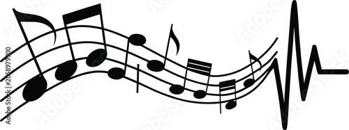 Bild auf Leinwand Abstract music staff illustration with notes and waveform black and white linear