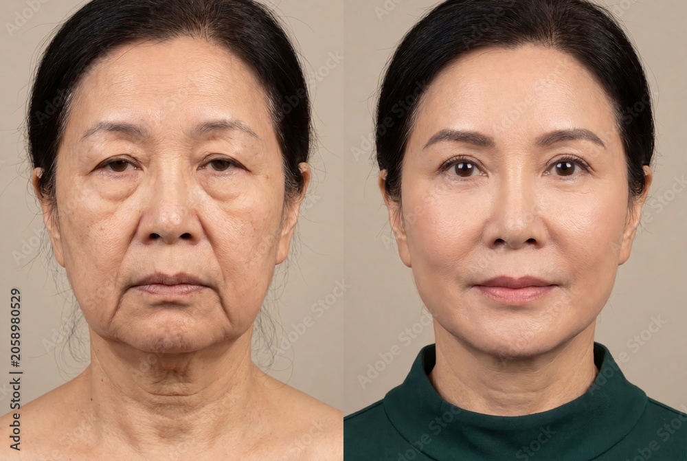 Fototapeta premium Comparison of an elderly Asian woman's face before and after cosmetic rejuvenation procedures.