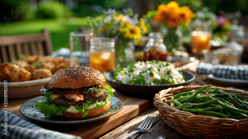 Burger and green beans on garden picnic table. Summer outdoor food concept.