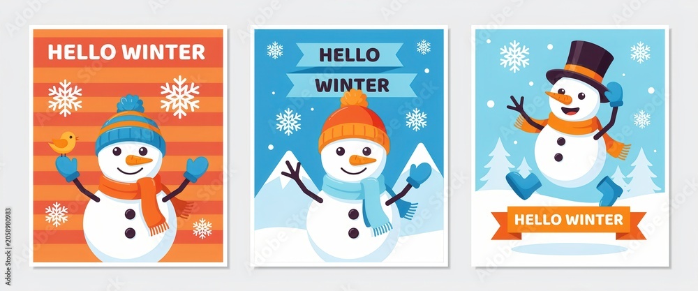 Fototapeta premium Set of three cute snowman characters with hello winter text for christmas and new year greeting cards