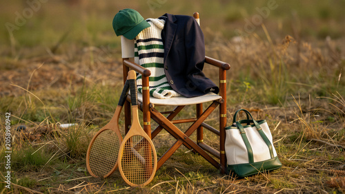 Vintage tennis gear on a director's chair outdoors