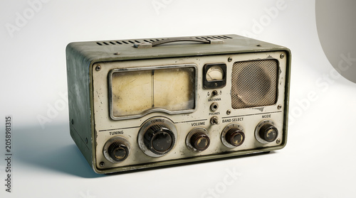 An old, vintage shortwave radio sits on a plain surface, showcasing its retro design with various dials and a gauge.