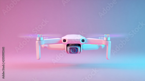 Small drone flying in pastel studio light. Technology innovation concept.