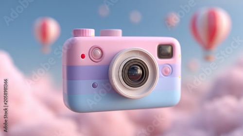 Pastel instant camera floating among clouds. Creative photography concept.