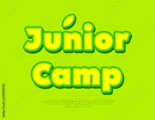 Vector Summer flyer Junior Camp. Sunny Yellow Font for Kids. Unique Artistic set of Modern Alphabet Letters and Numbers.
