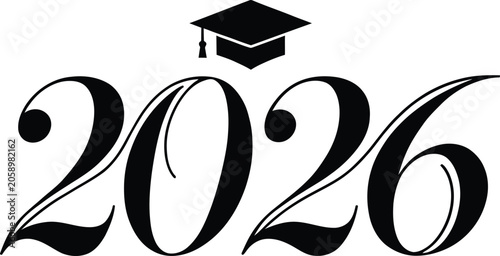 Slika na platnu Graduation cap and the year 2026 in black vector illustration on a white backgro