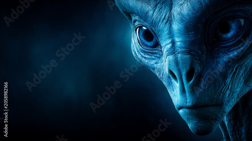 Blue alien face close up in dark science fiction scene. Extraterrestrial concept.