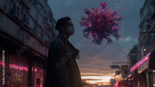 Silhouette of person standing under blooming wisteria tree at dusk.