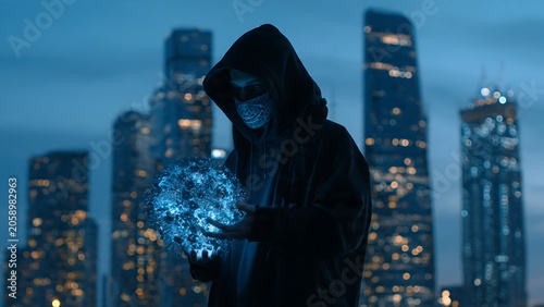 Silhouette of person using smartphone in modern city at night.