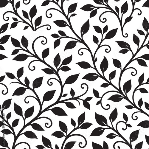 Black Floral Vine Pattern with Seamless Decorative Leaf Ornament Motif for Elegant Fabric Design