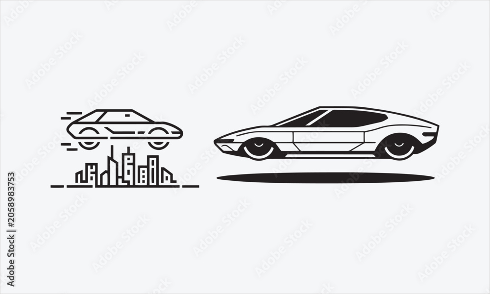 Obraz premium Hover Car on a Cyberpunk World line art icon set vector illustration