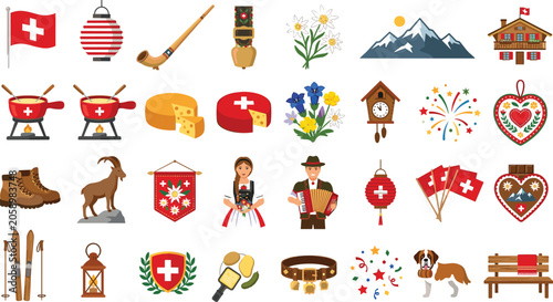 Colorful swiss-themed icons set featuring traditional symbols and objects