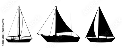 Black silhouette, white background: sailboat set with simple line art design featuring outline, illustration, graphic elements with clean design and vector art