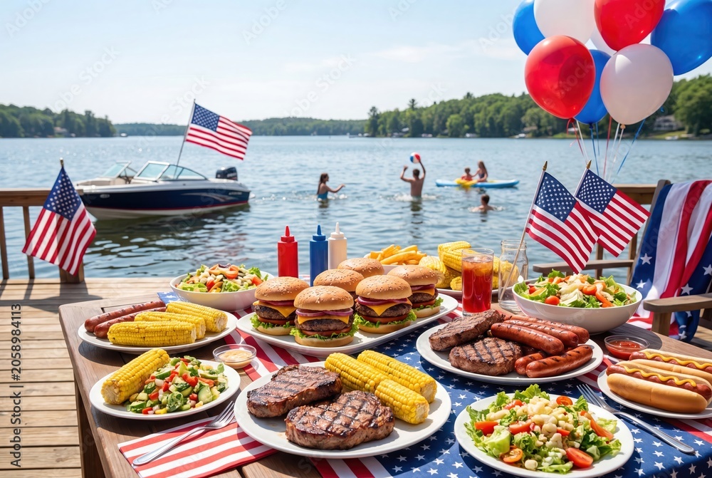Obraz premium Fourth of July lakeside barbecue feast with burgers, steaks, corn, and salads, celebrating summer fun.