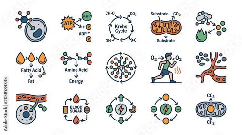 Tableau sur toile Metabolism science icons set cellular energy production and breakdown