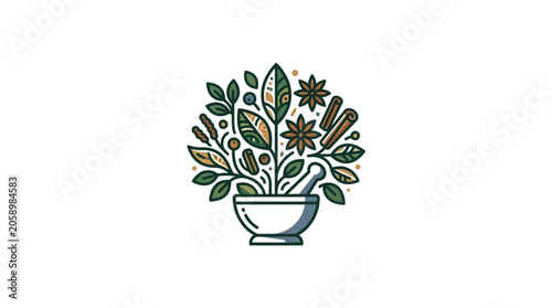 Tablou pe pânză Mortar and Pestle with Herbs and Spices Illustration.