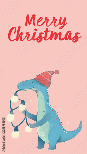 Cute dinosaur holding Christmas lights with Merry Christmas text. Holiday greeting concept.