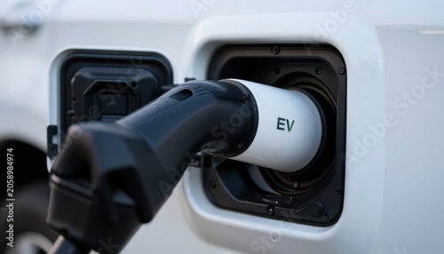 Charging electric vehicle at charging station urban environment technology image close-up view sustainable energy concept