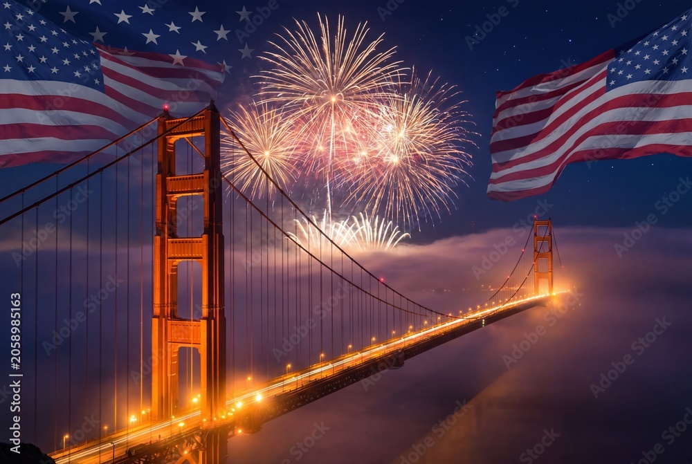 Obraz premium Golden Gate Bridge illuminated at night with fireworks and American flags celebrating Independence Day