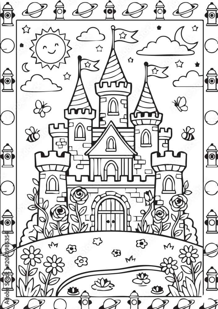 Naklejka premium Black and white castle illustration with flowers and clouds