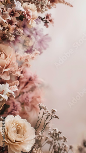 Soft pastel roses and flowers with copy space. Wedding invitation concept.