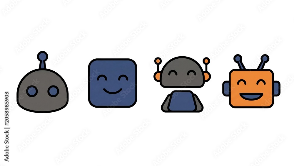 Fototapeta premium Four cute cartoon robot faces featuring colorful flat vector designs isolated on white background