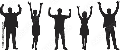 Tableau sur toile Five Silhouettes Of People With Arms Raised In Celebration On White success vict