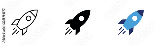 Tableau sur toile Three rocket ship in outline, solid black, and blue two-tone styles