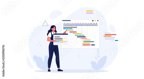Woman presenting a Gantt chart on a whiteboard, illustrating project management and planning