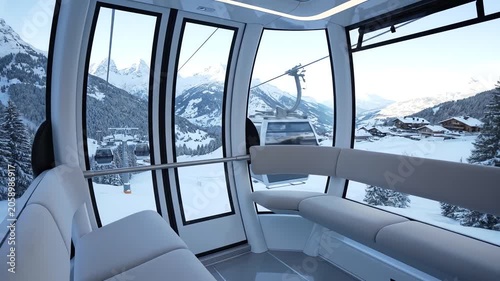 Luxury gondola cabin overlooking snowy mountain village at dusk