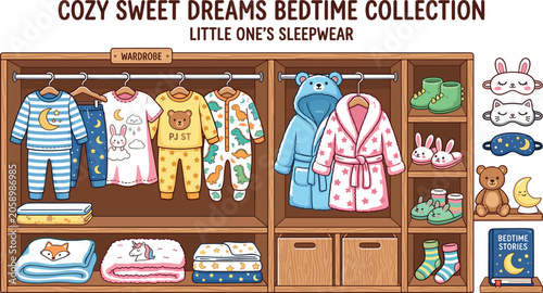 Tableau sur toile Cute cartoon kids bedtime wardrobe vector collection featuring children pajamas robes onesies blankets slippers and sleep masks for sweet dreams apparel designs