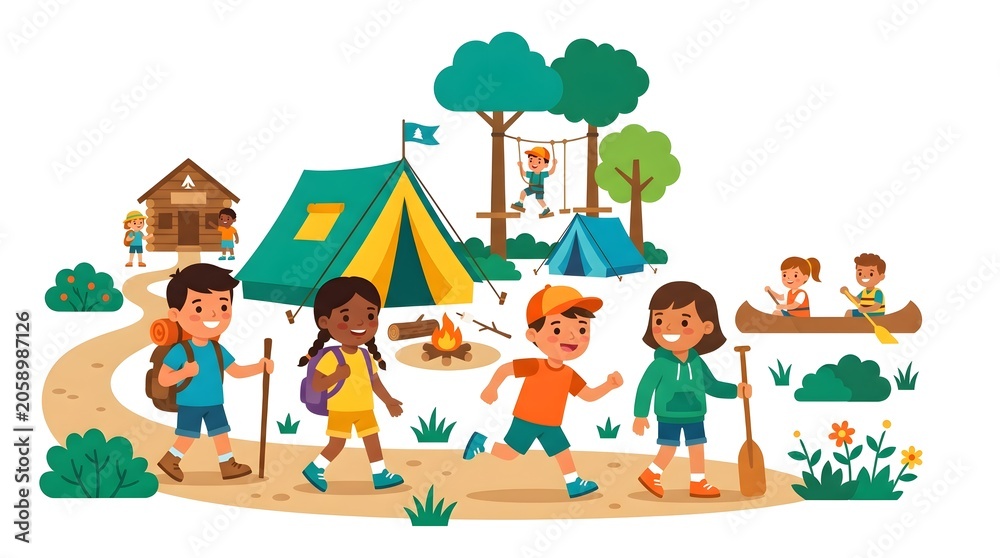 Fototapeta premium Happy children camping in the forest, hiking, canoeing and playing