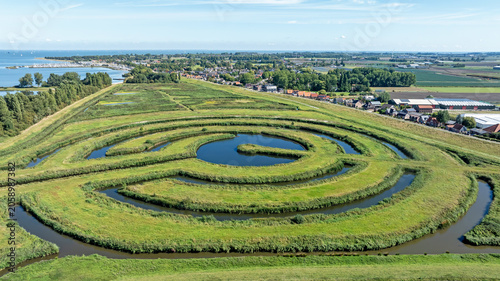 Tableau sur toile Experimental water landscape with spiral pattern in a Dutch polder in Europe