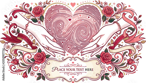 Obraz na plátně Elegant vintage vector template featuring hands holding a fingerprint heart surrounded by ornate rose flowers banners and a customizable text frame