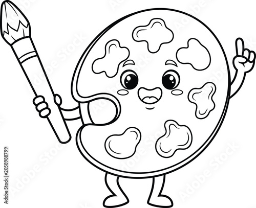 Cute artist palette coloring book illustration with brush kawaii style