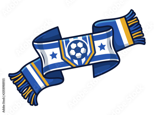 Vibrant blue and white scarf displays soccer team logo with stars.