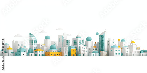Green abstract city skyline with modern buildings and urban architecture background
