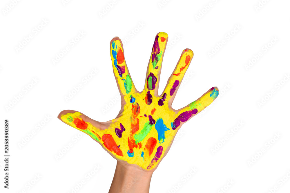 Fototapeta premium Open hand covered with bright colorful paint isolated on a white background. Playful contemporary art image expressing creativity, childhood, imagination and artistic freedom