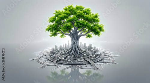 Tree of life in a futuristic cityscape