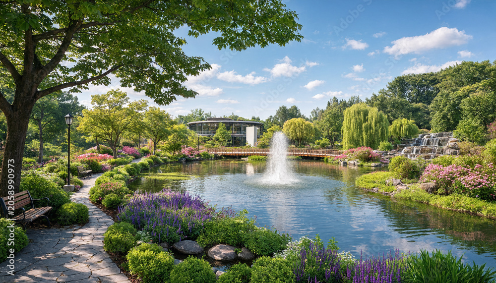 Fototapeta premium Lush botanical garden with a sparkling water fountain in a serene pond setting landscape photography fountain botanical landscape tranquil blooming greenery vegetation reflections