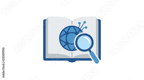 Digital Learning Concept: Open Book, Globe, Magnifying Glass, Technology Icons