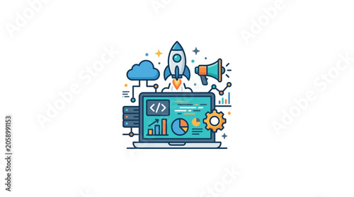 Digital Marketing Startup Launch: Rocket, Laptop, Data, Cloud, Megaphone