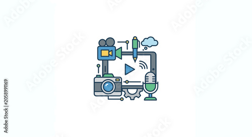 Digital Media Creation Icons: Camera, Video, Microphone, Pen, Cloud, Play Button