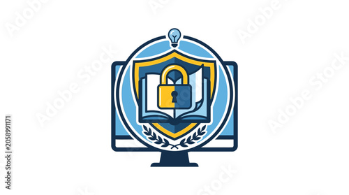 Digital Security Education Icon: Computer, Book, Shield, Lock, Lightbulb