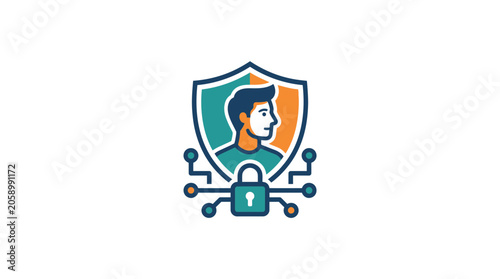 Digital security icon: person, shield, lock, and network connections