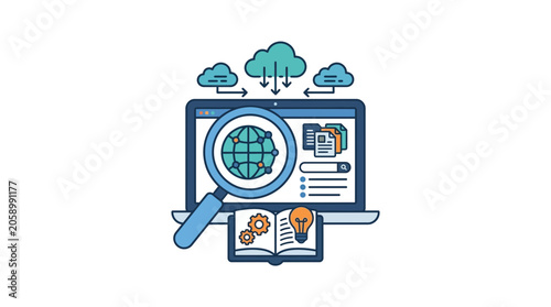 Digital Search and Data Analysis Concept with Laptop, Magnifying Glass, Cloud