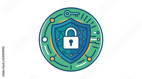 Digital Security Shield Icon with Lock and Key, Cyber Protection Concept